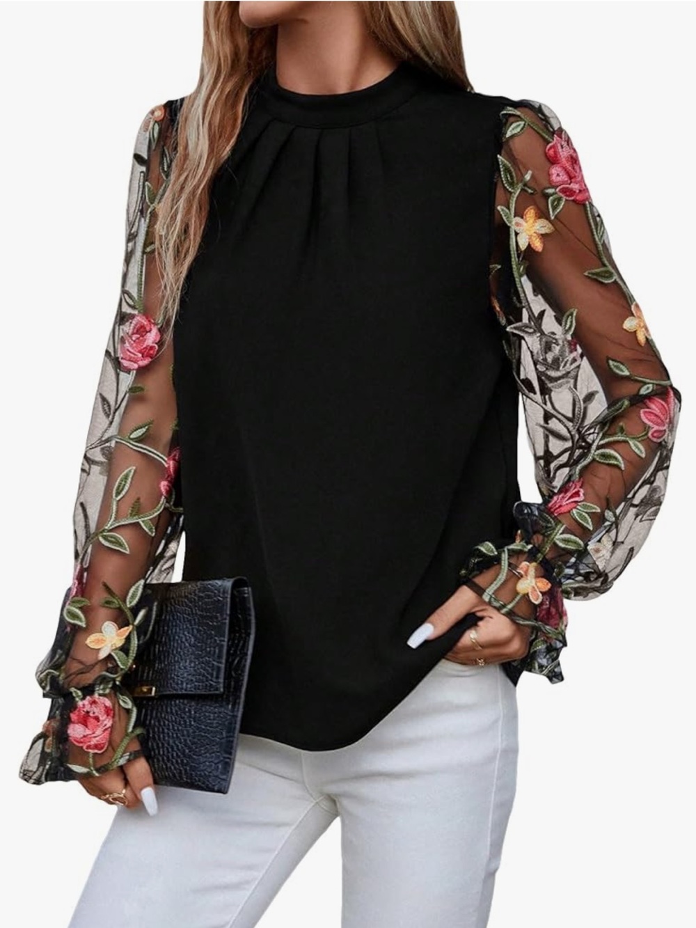 Black Mesh Floral Embroidery Mock Neck Flare Sleeve Blouse Sz M New!